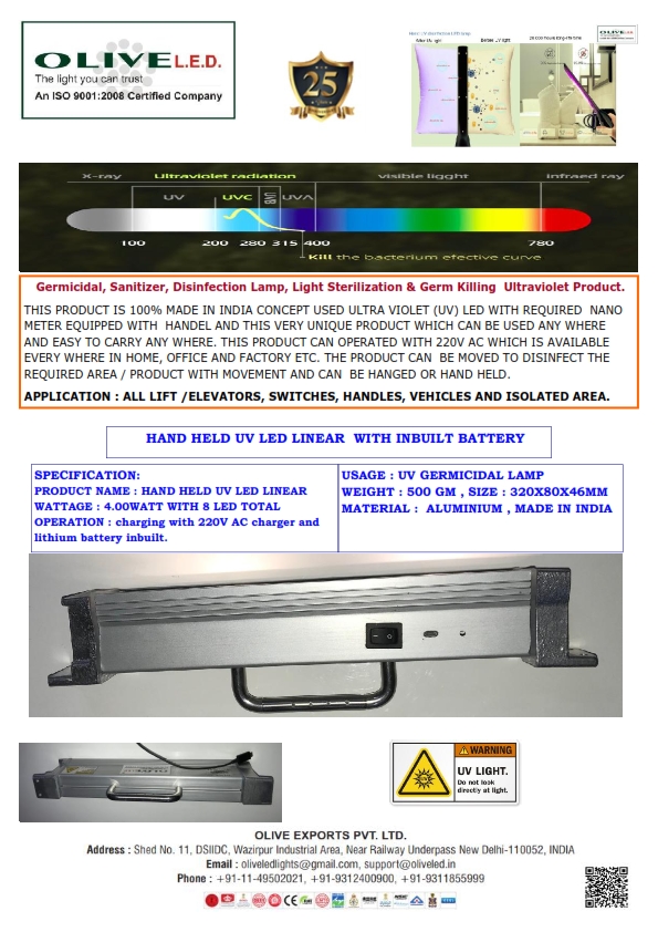 Linear UVC LED sterilizer with lituim battery