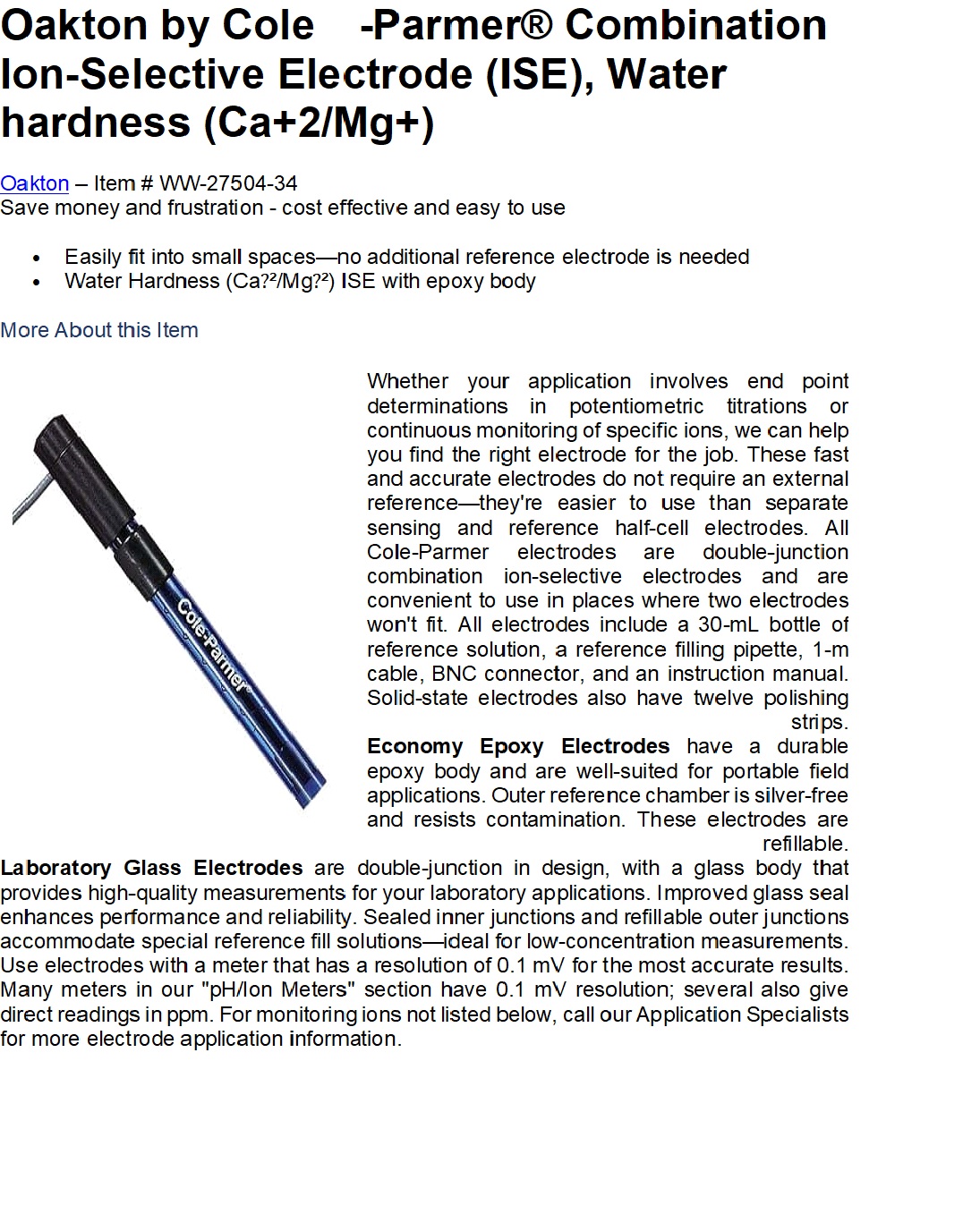 Combination Ion Selective Electrodes, Water hardness (Ca 2/Mg )