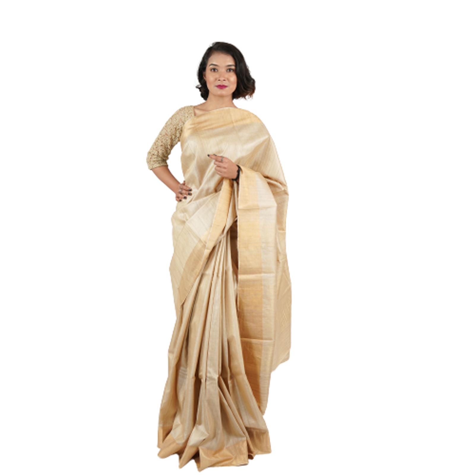 PURE KOSA SILK SAREE WITH GOLDEN JARI BORDER IN NATURAL COLOUR OF DESI KOSA YARN .