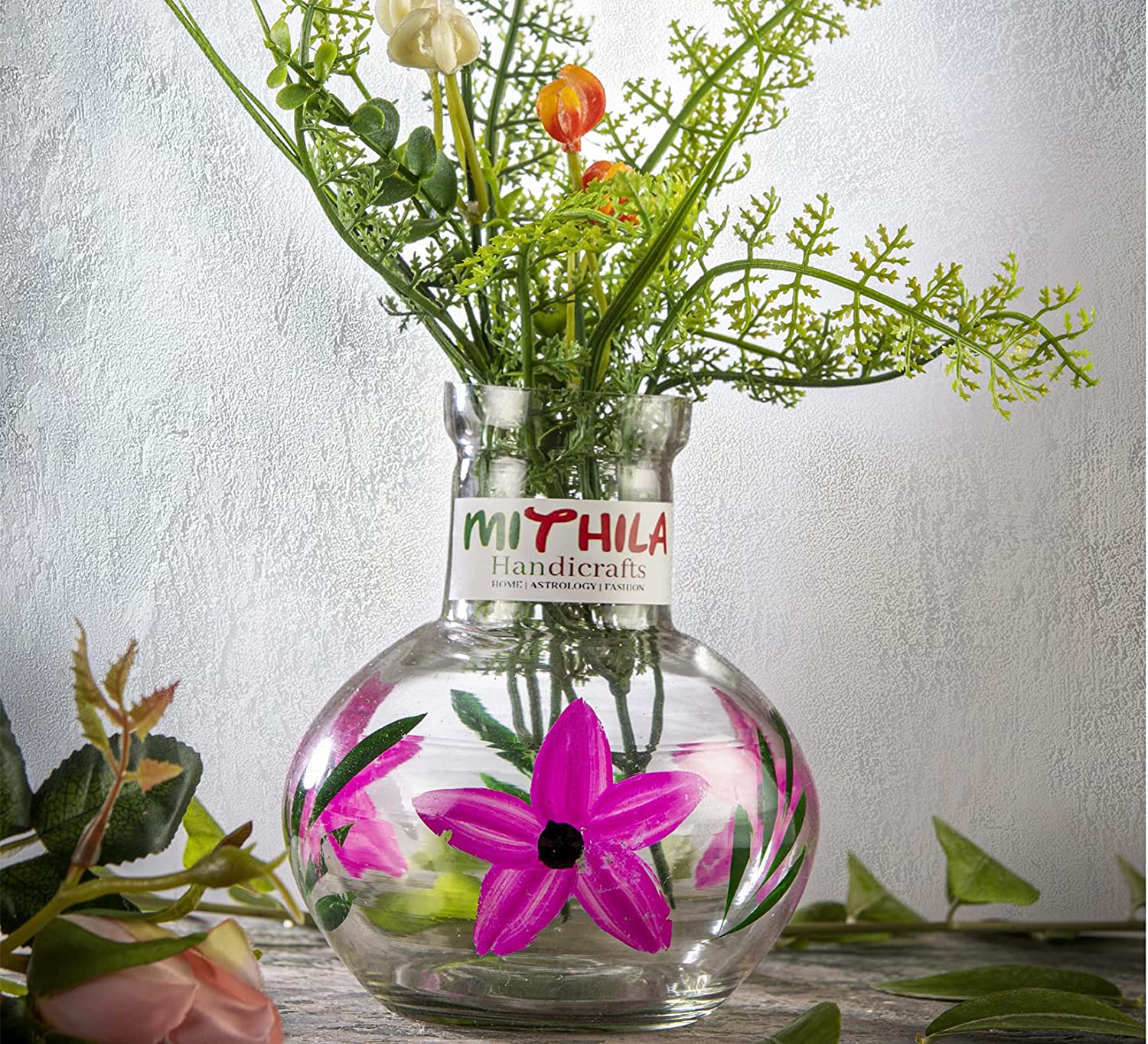 MITHILA™ Round Flower Glass Vase For Money Plant, Lucky Bamboo Plant, etc. (12X10 Cm, Elegant Flower Designed, Clear)