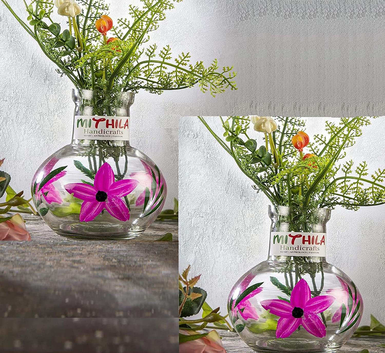 MITHILA™ Round Flower Glass Vase For Money Plant, Lucky Bamboo Plant, etc, Set of 2 vases (12X10 Cm, Elegant Flower Designed, Clear)