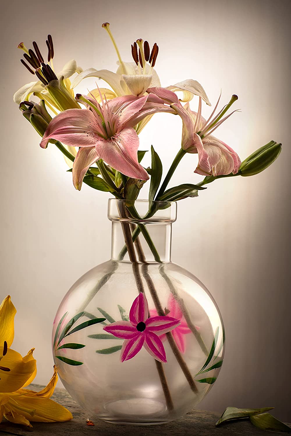 MITHILA™ Round Flower Glass Vase For Money Plant, Lucky Bamboo Plant, etc, (20X16 Cm, Elegant Flower Designed, Clear)