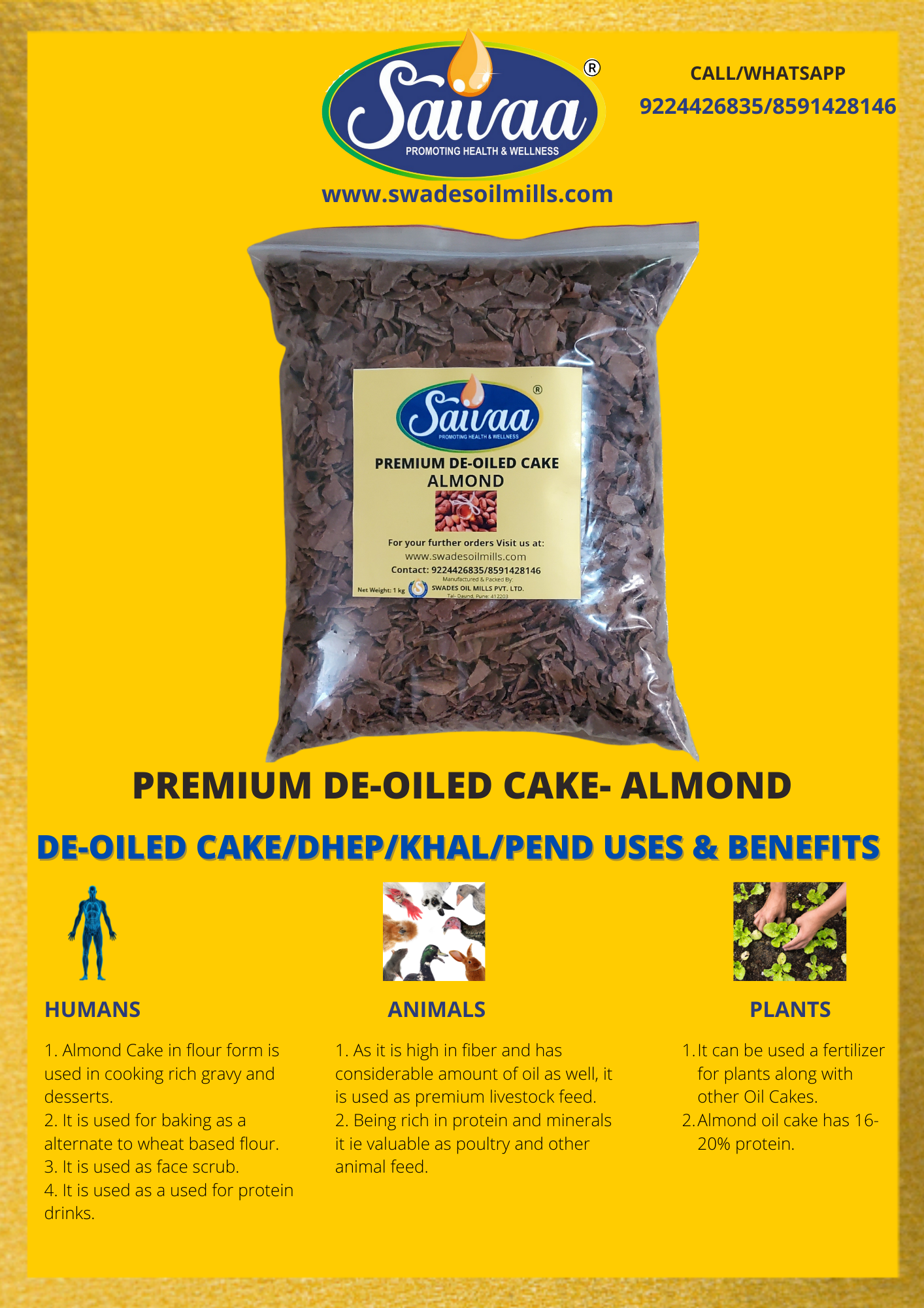 Saivaa Premium Almond De-Oiled Cake/Pend/Dhep