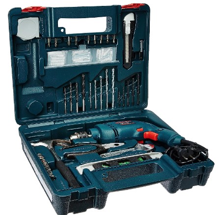 Bosch Professional GSB 10 RE Corded-Electric Drill Tool Set - 10mm Blue, 500W, with 100-Piece Accessory Kit