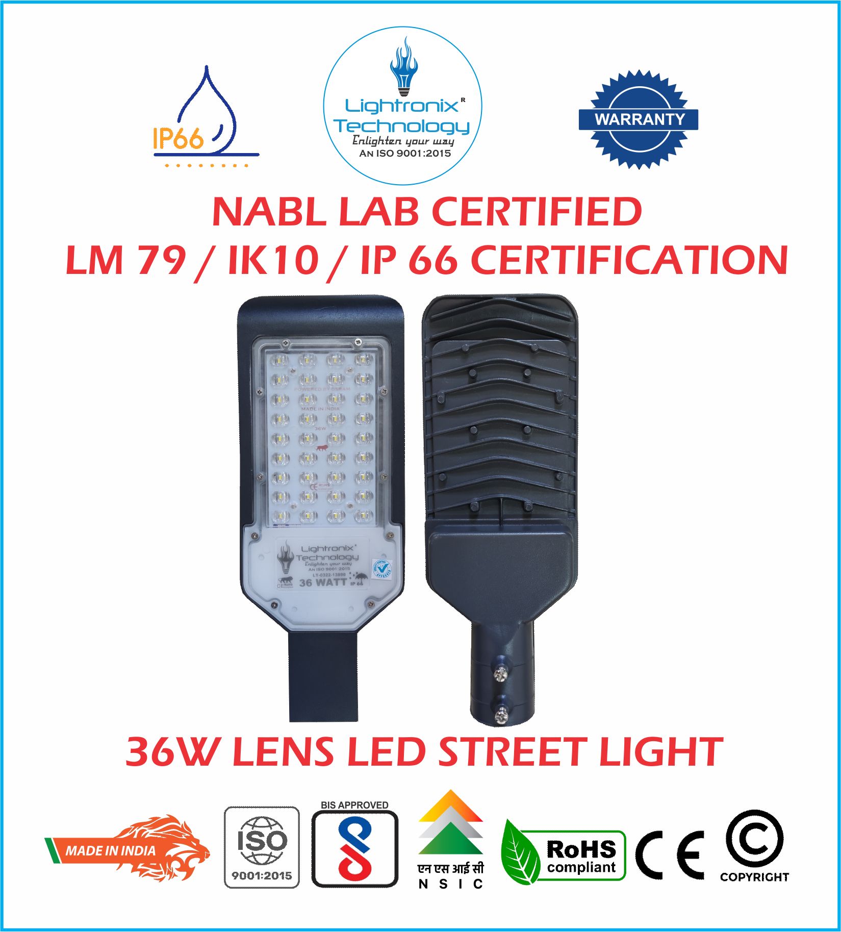 36W LENS LED STREET LIGHT - NABL LAB APPROVED