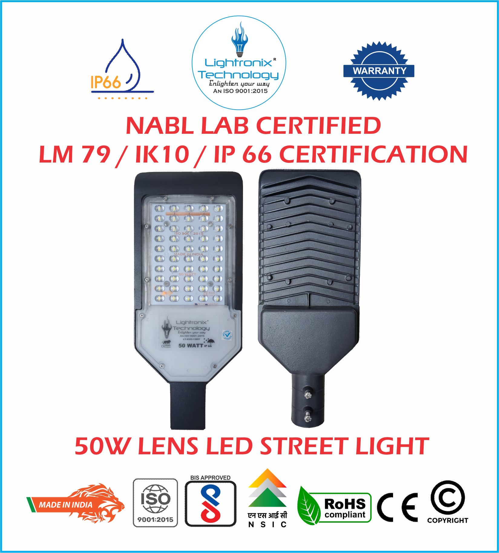 50W LENS LED STREET LIGHT - NABL LAB APPROVED