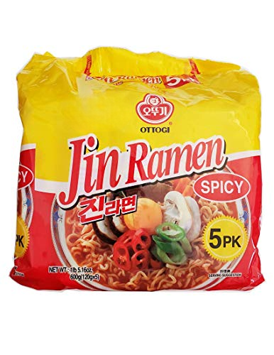 Ottogi Jin Ramen Korean Style Instant Noodles Spicy Flavor 120g, Pack of 5 (Imported) Instant Noodles Vegetarian