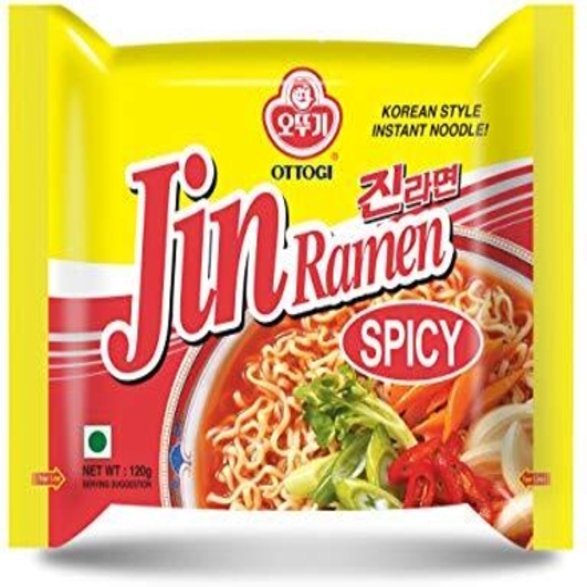 Ottogi Jin Ramen Korean Style Instant Noodles Spicy Flavor 120g Pack, (Imported) Instant Noodles Vegetarian