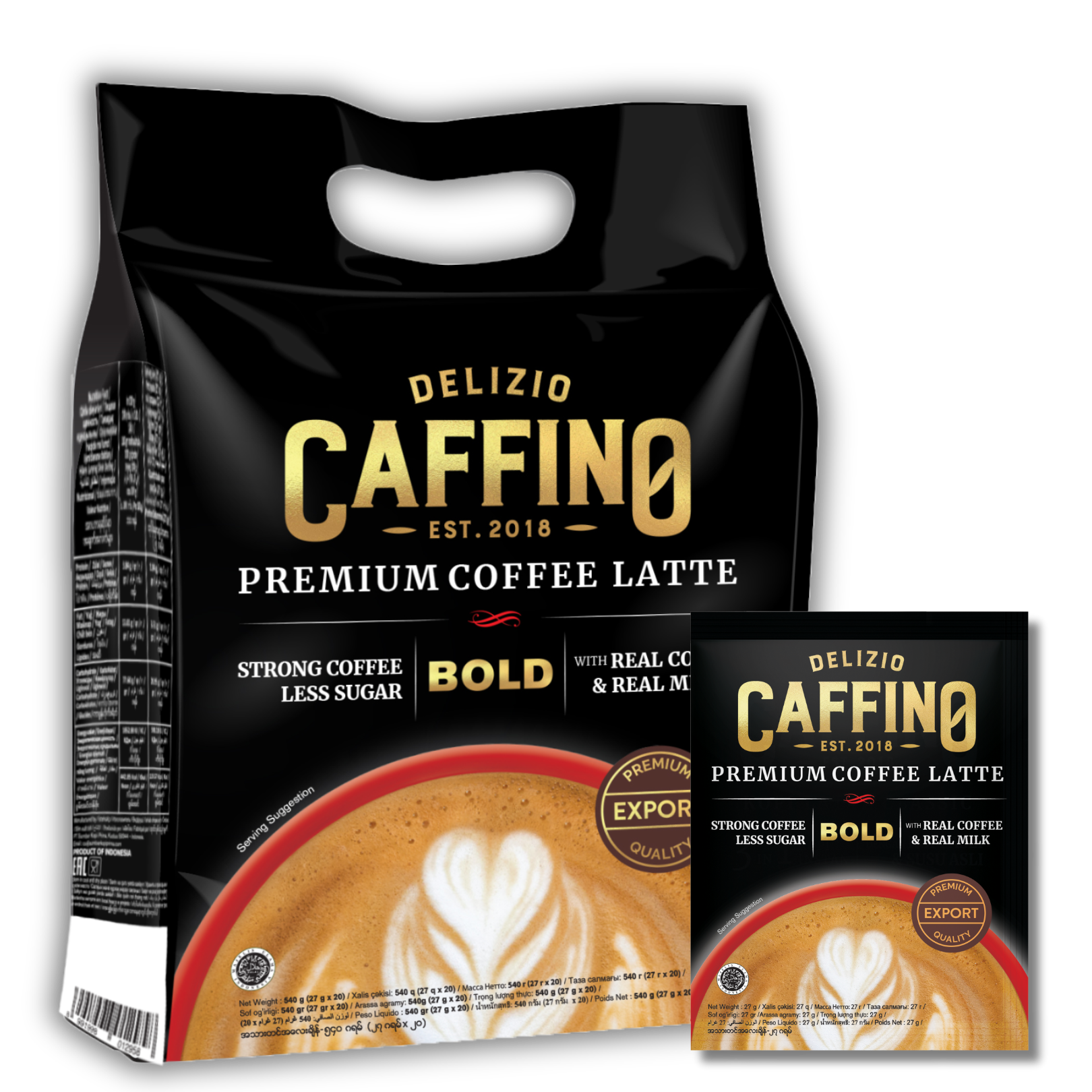 CAFFINO Bold Premium Coffee Latte Strong & Less Sugar with Real Milk & Real Coffee 540g Pack (Imported) Instant Coffee