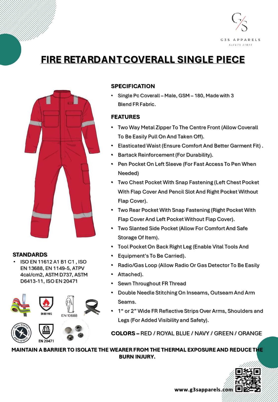 FIRE RETARDANT COVERALL SINGLE PIECE