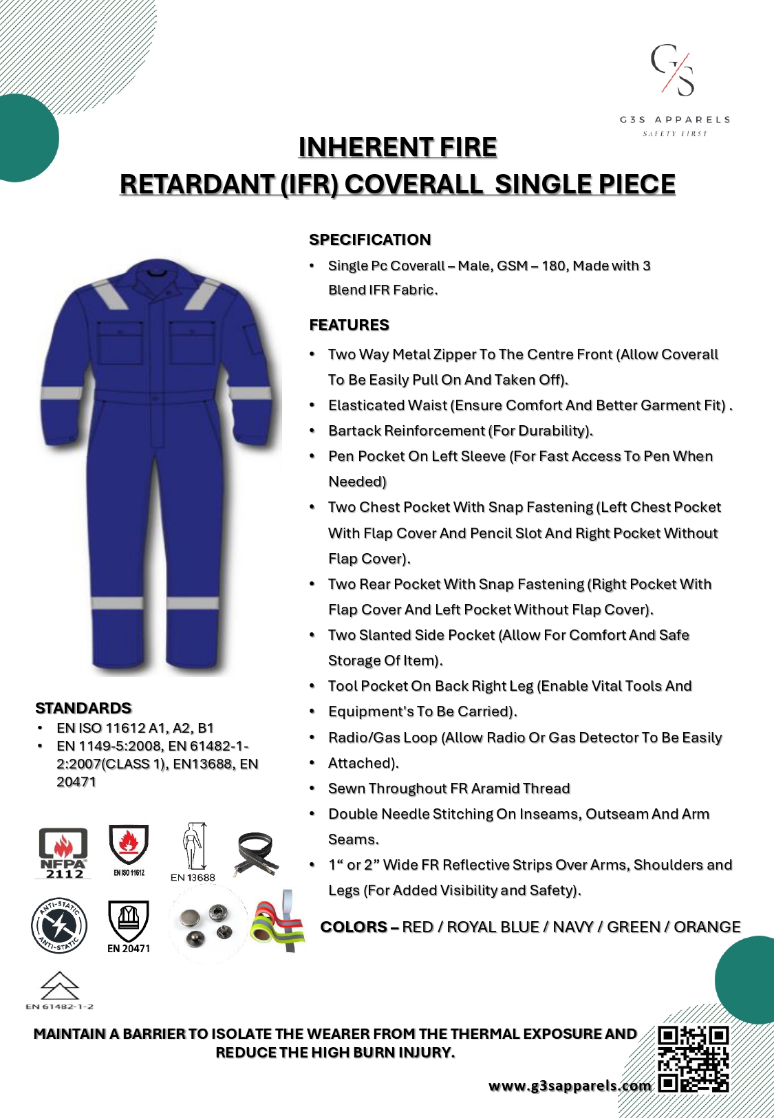 INHERENT FIRE RETARDANT (IFR) COVERALL SINGLE PIECE