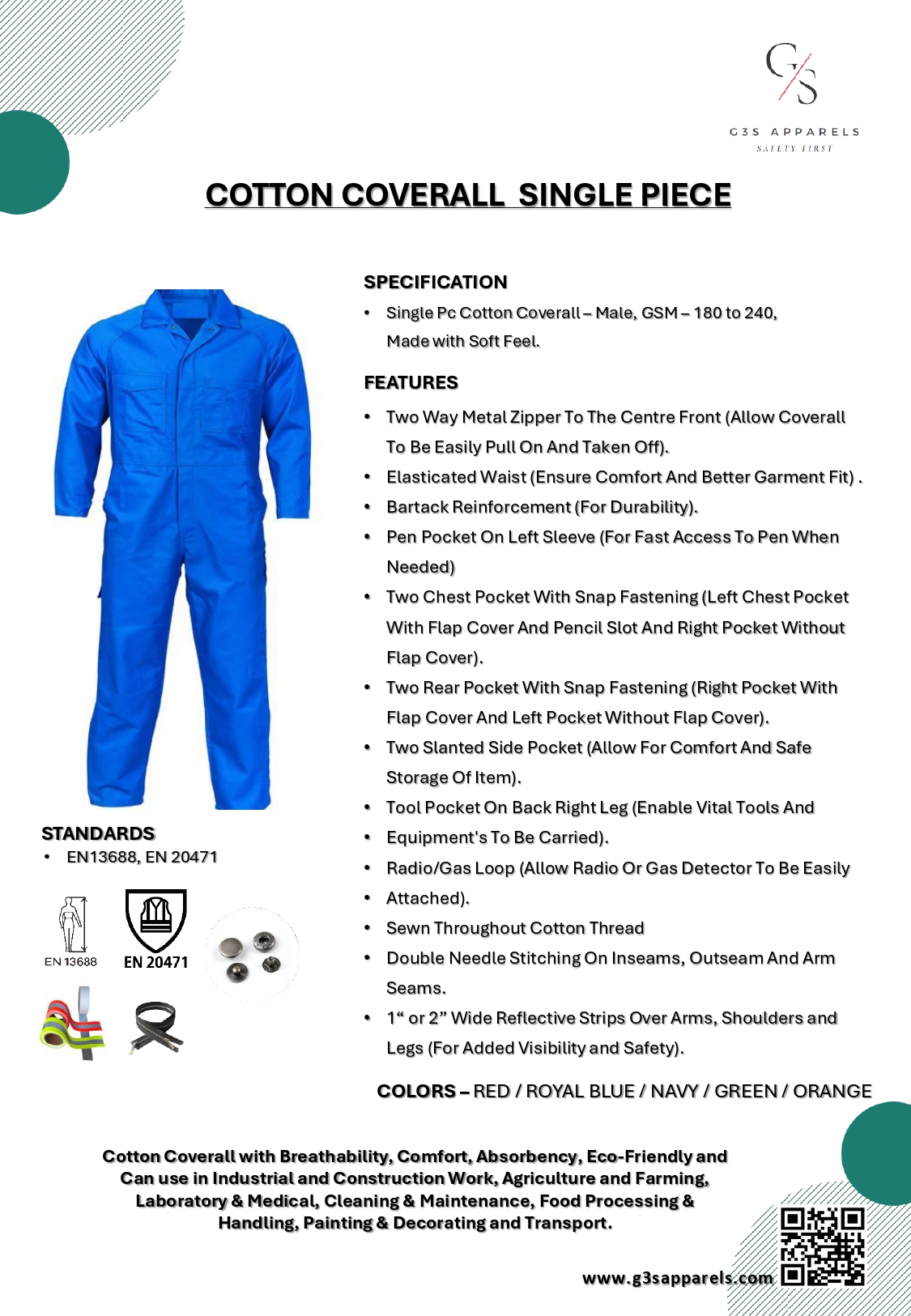 COTTON COVERALL SINGLE PIECE