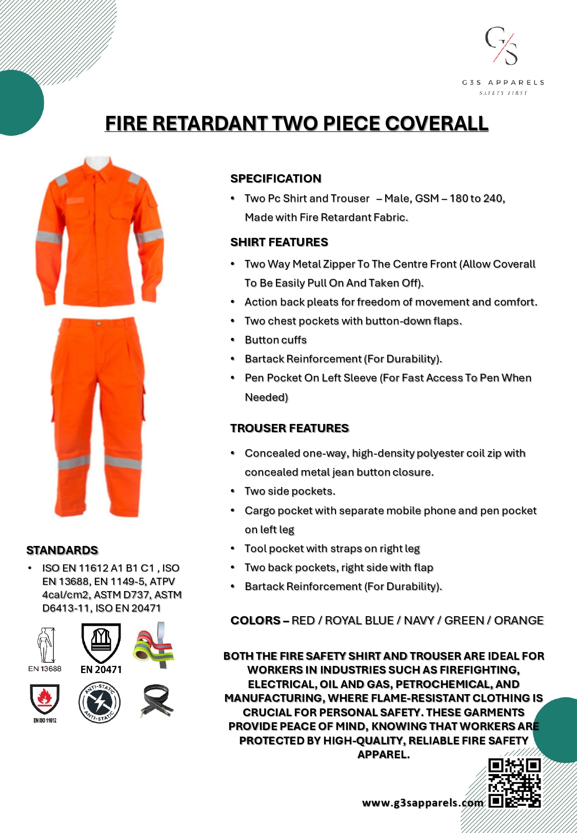 FIRE RETARDANT TWO PIECE COVERALL