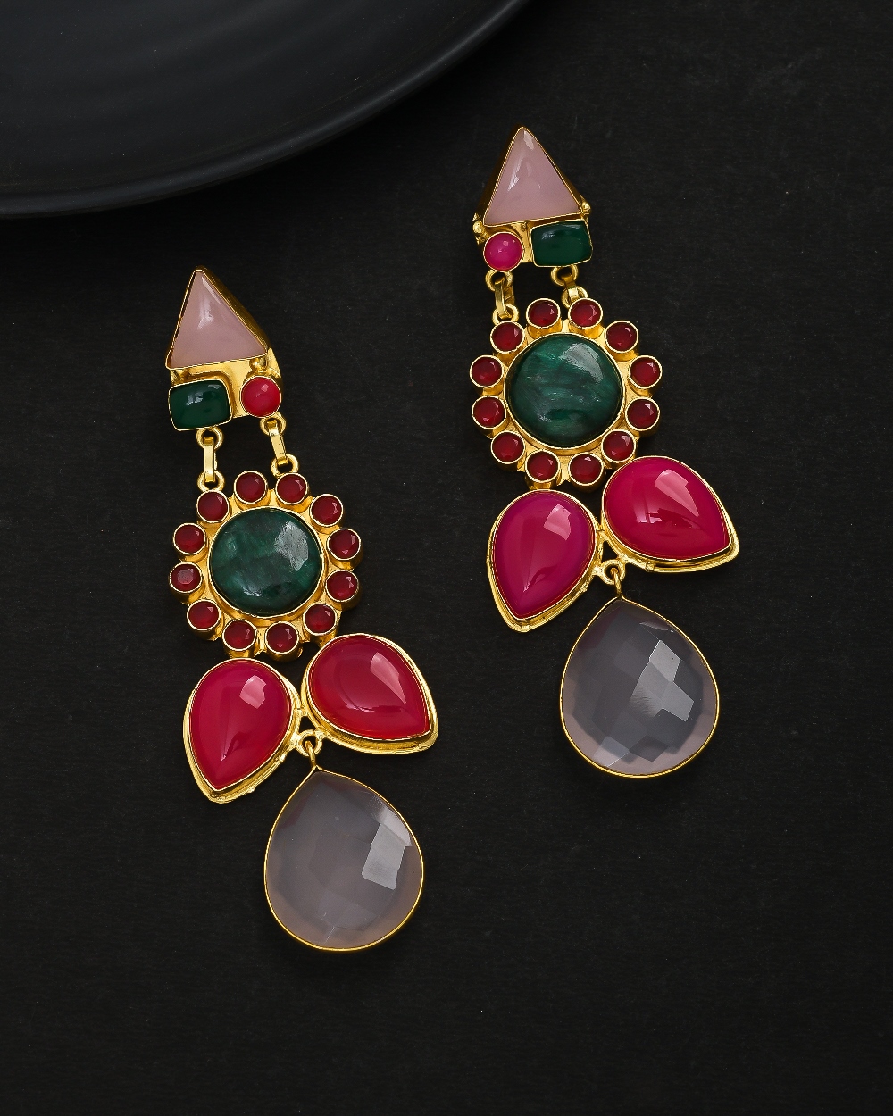 Antique Gold plated multi Color Semi  Precious Stones Dangle Drop Earrings