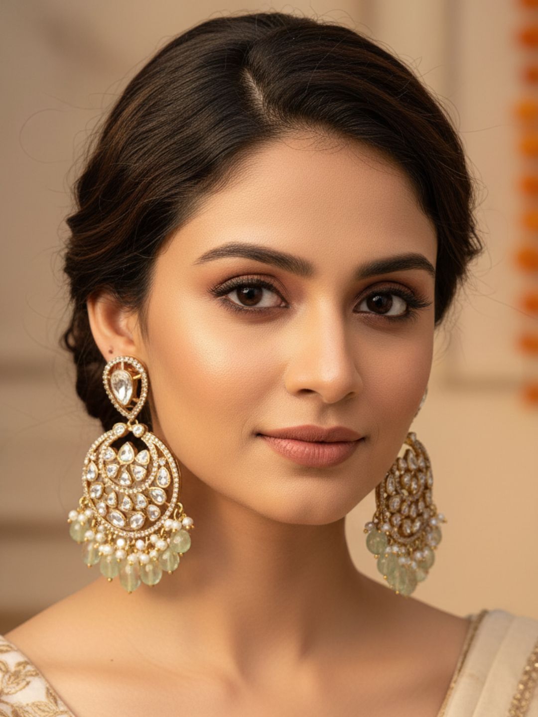 Gold plated AD- Polky-Light Green Jade Beads Dangle Drop Earrings