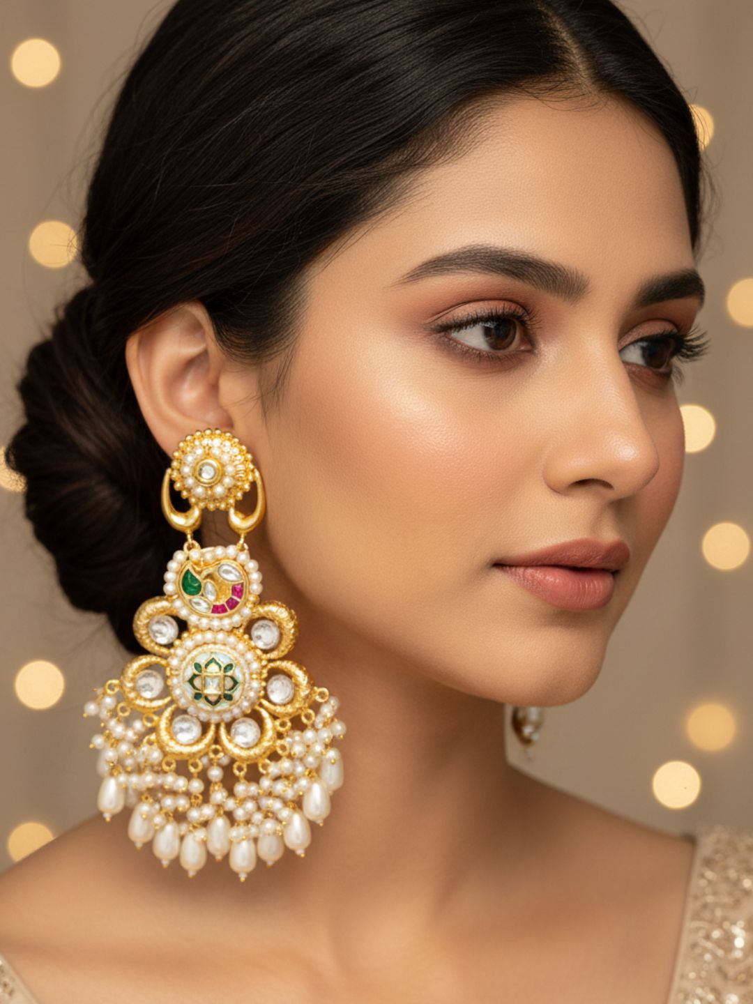 Antique Gold plated Synthetic polky-Green-White-Red Glass Stone Motif-Pearl Fancy Dangle Drop Earring