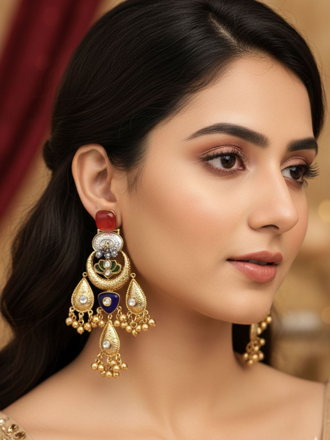 Gold plated Red Glass-Brass Kundan polky-Multi Color Stones Designer Dangle Drop Earring