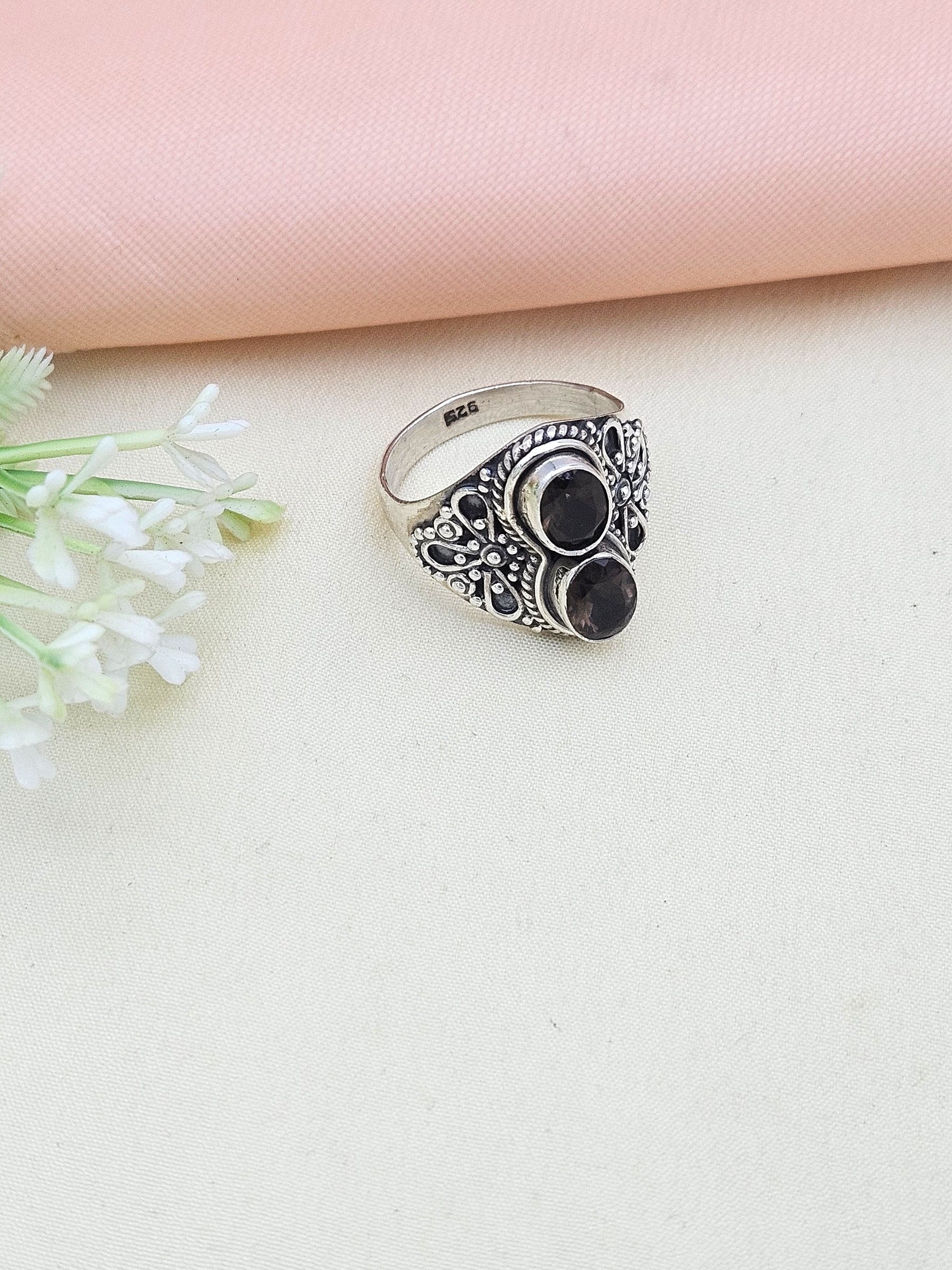 925 Silver Oxidized Semi Precious Stone Ring 