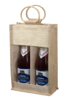 Dyed & Natural Jute with PVC Window Wine Bottle Bags with Wooden Handle