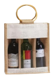 Dyed & Natural Jute with PVC Window 3 Wine Bottle Bags with Wooden Handle