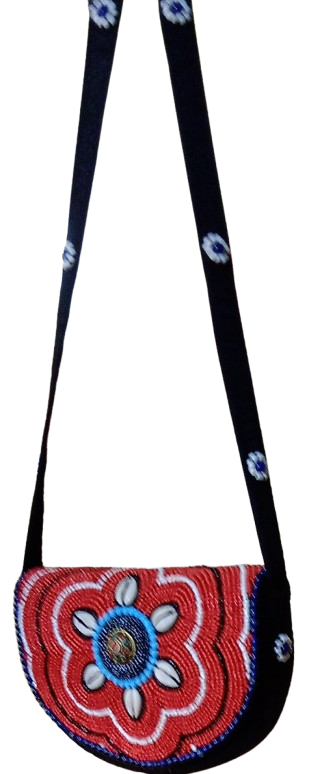 Red Color Bead and Shell Purse with Floral Pattern and Magnetic Closure for Ladies