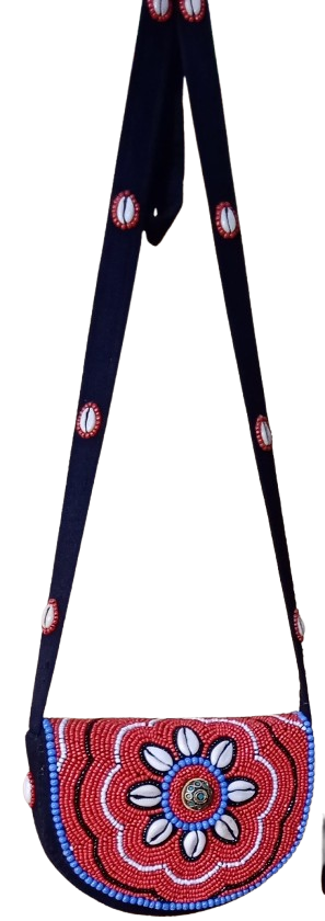 Cowry-Beaded Half Round Shape Red Color Crossbody Bags with Black and White Floral Design for Women