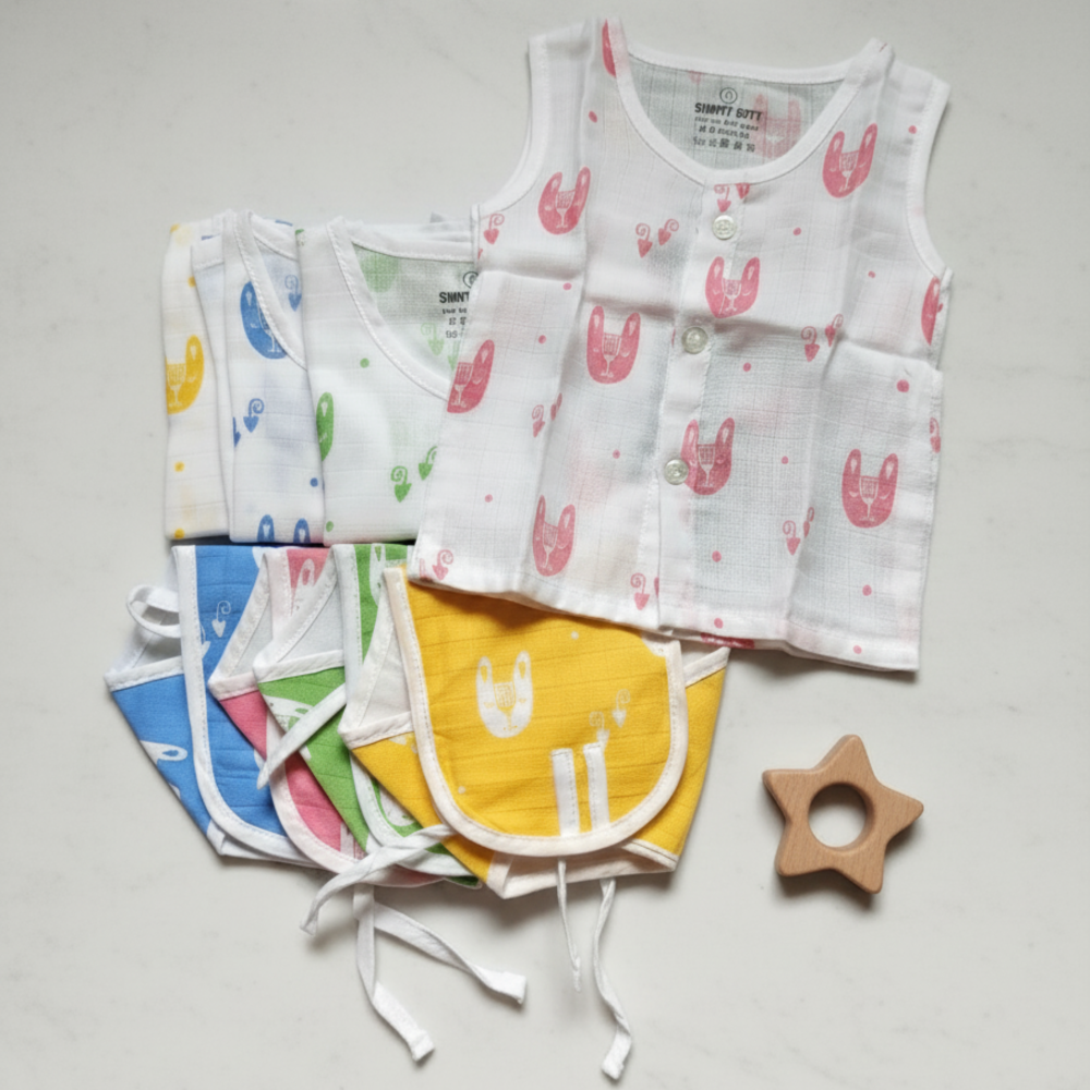 Muslin Cotton Jabla & Reusable Nappy Set , 8 Pieces Newborn Essentials for 0–3 Months (Multiple Designs)