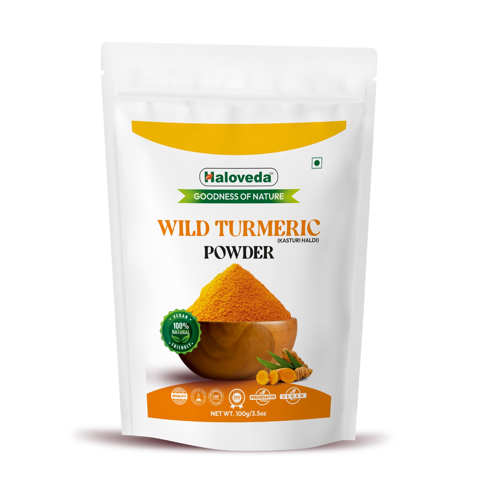 Haloveda Herbal Kasturi Haldi Powder for Face | 100% Pure Wild Turmeric | Skin Brightening, Anti-Acne & Tan Removal | Natural Ubtan & Face Pack Powder