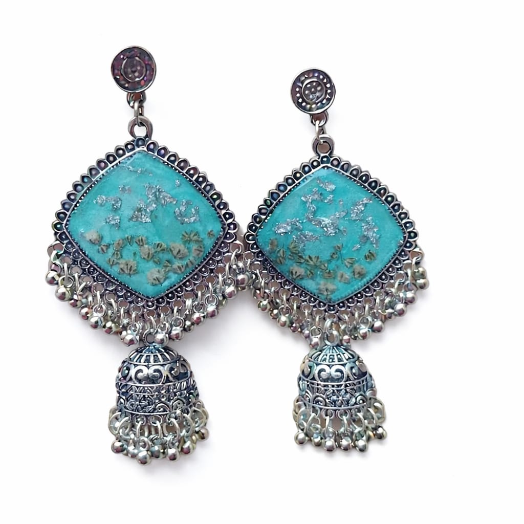 Sky Blue Resin Earrings with Jhumki For Girls and Women/Silver OXidised Earrings