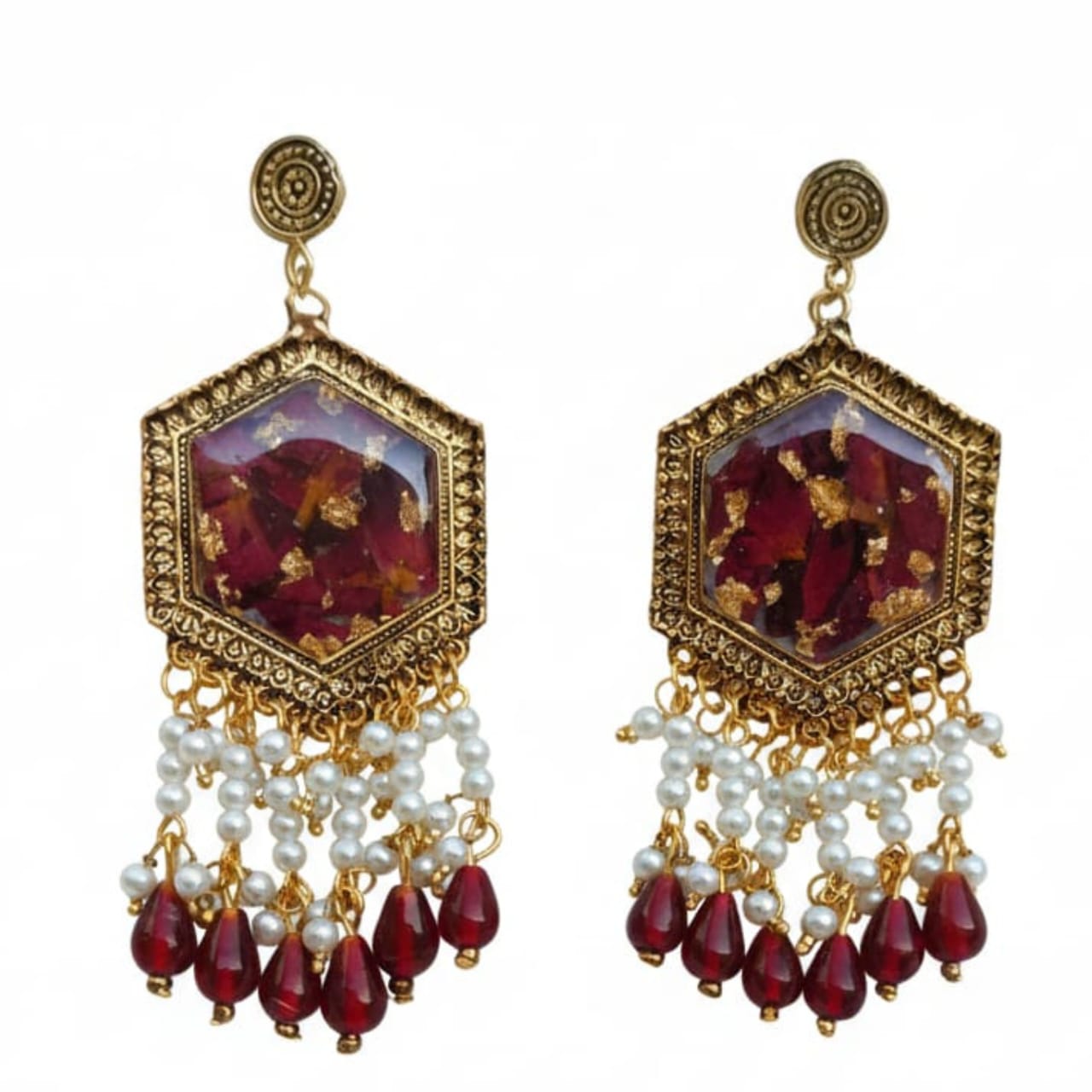 Red Rose Petals Golden Resin Earrings/ Statement Earrings