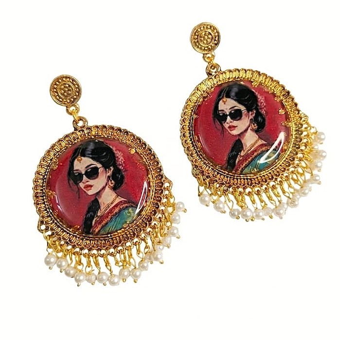 Black Goggles Girl Photo Resin Earrings