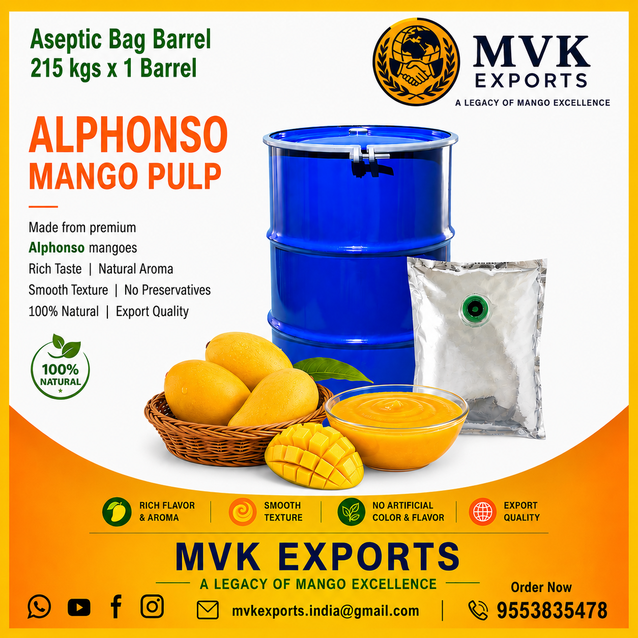 Alphonso Mango Pulp 215 kg barrels