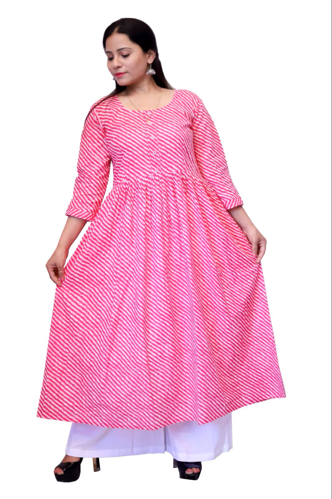 Leezle Premium Quality Pure Cotton Leheriya Anarkali Kurti with Gathered Waist for Womens-LSTL0015PNK