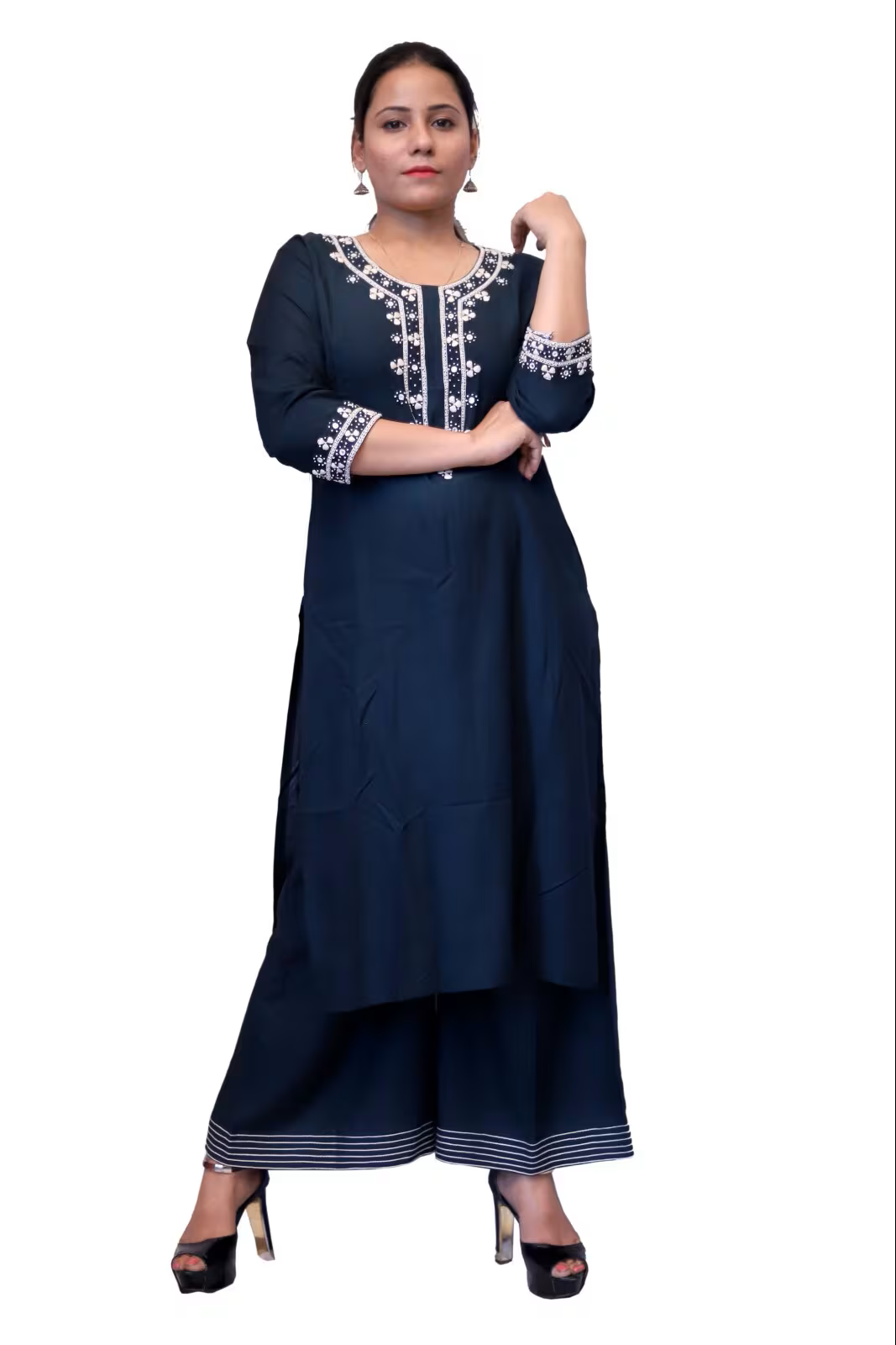 Leezle Premium-Quality Rayon Solid Bottle Green Straight Kurti with Embroidered Front Yoke & Palazzo
