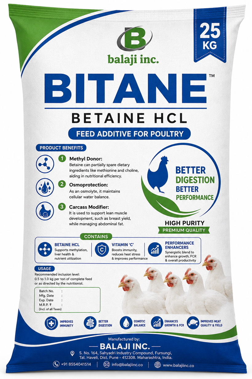 BITANE - Betaine hcl . It primarily serves as a methyl donor, osmoregulator, and digestion aid to improve growth rates, meat yield & heat tolerance 