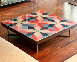 Modern Geometric Digital-Print Glass Top Coffee Table with Metal Base