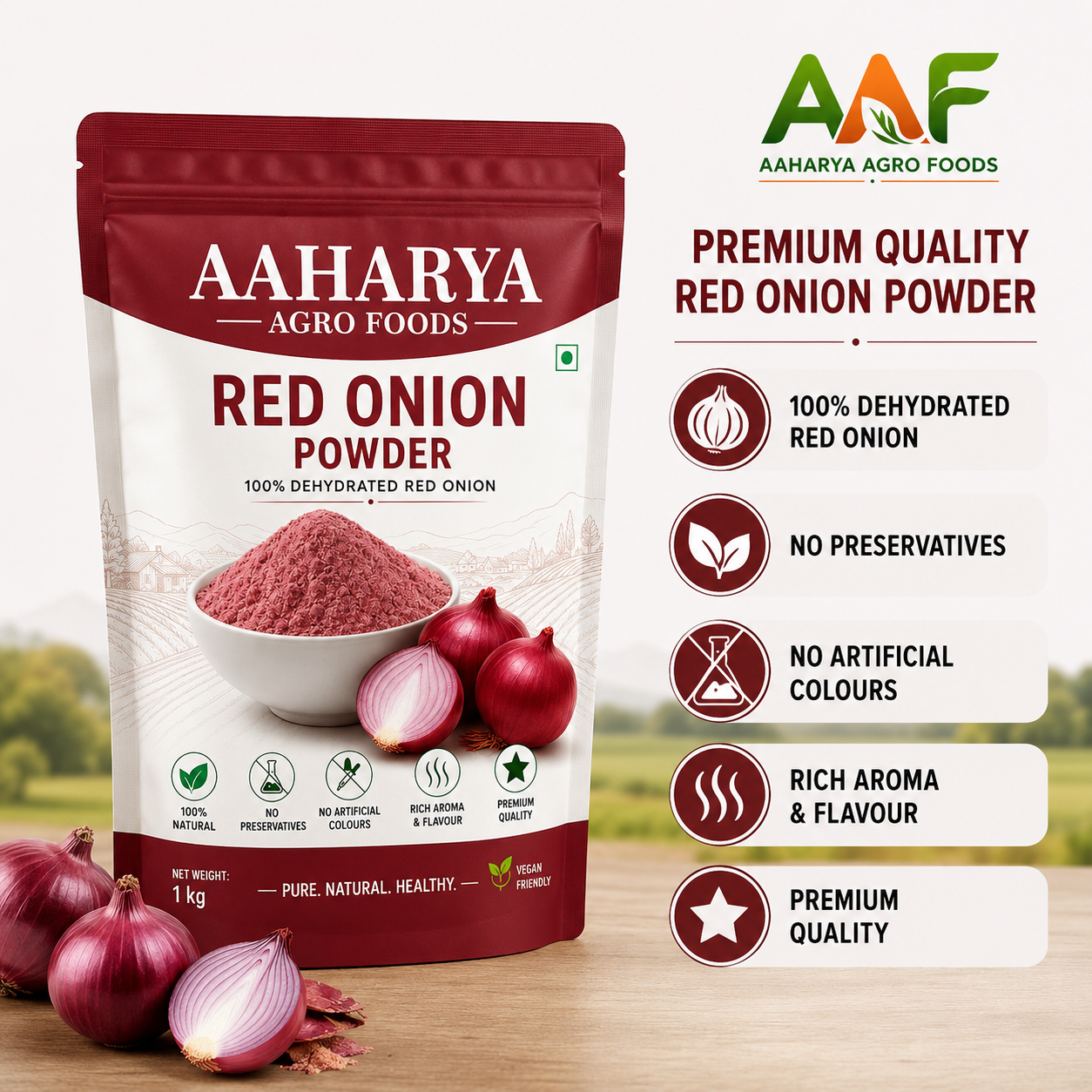 Premium Dehydrated Red Onion Powder | 100% Natural | Food Grade | Bulk Manufacturer & Supplier