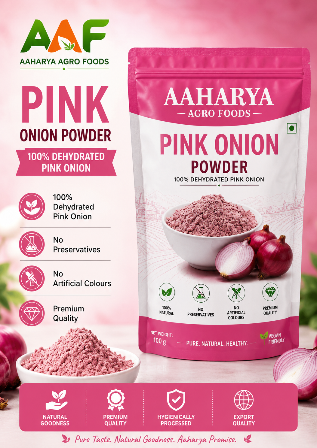 Premium Dehydrated Pink Onion Powder | 100% Natural | Food Grade | Bulk Manufacturer & Supplier
