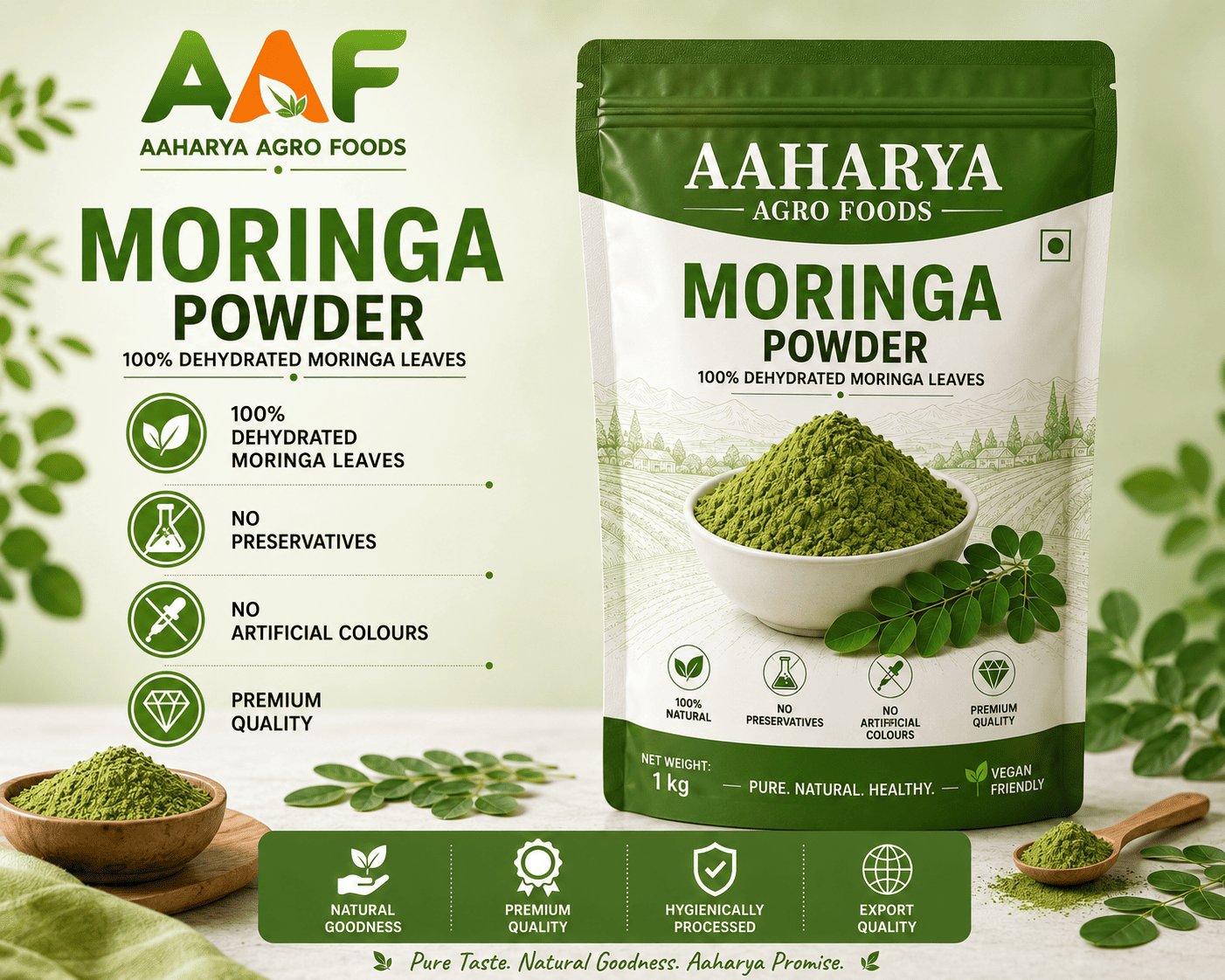 Premium Dehydrated Moringa Leaf Powder | 100% Natural | Food Grade | Bulk Manufacturer & Supplier