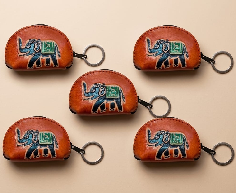 Elephant Motif Pure Leather Key Ring with Coin Purse - Set of 5