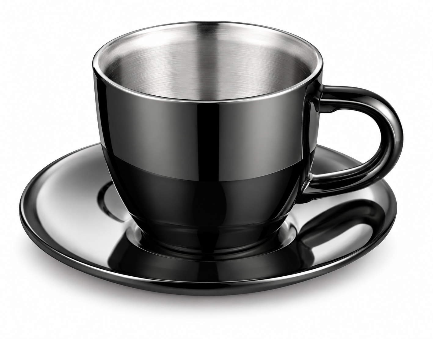 S.S. Double Wall Tea Cup Saucer Round Handle Black Coating