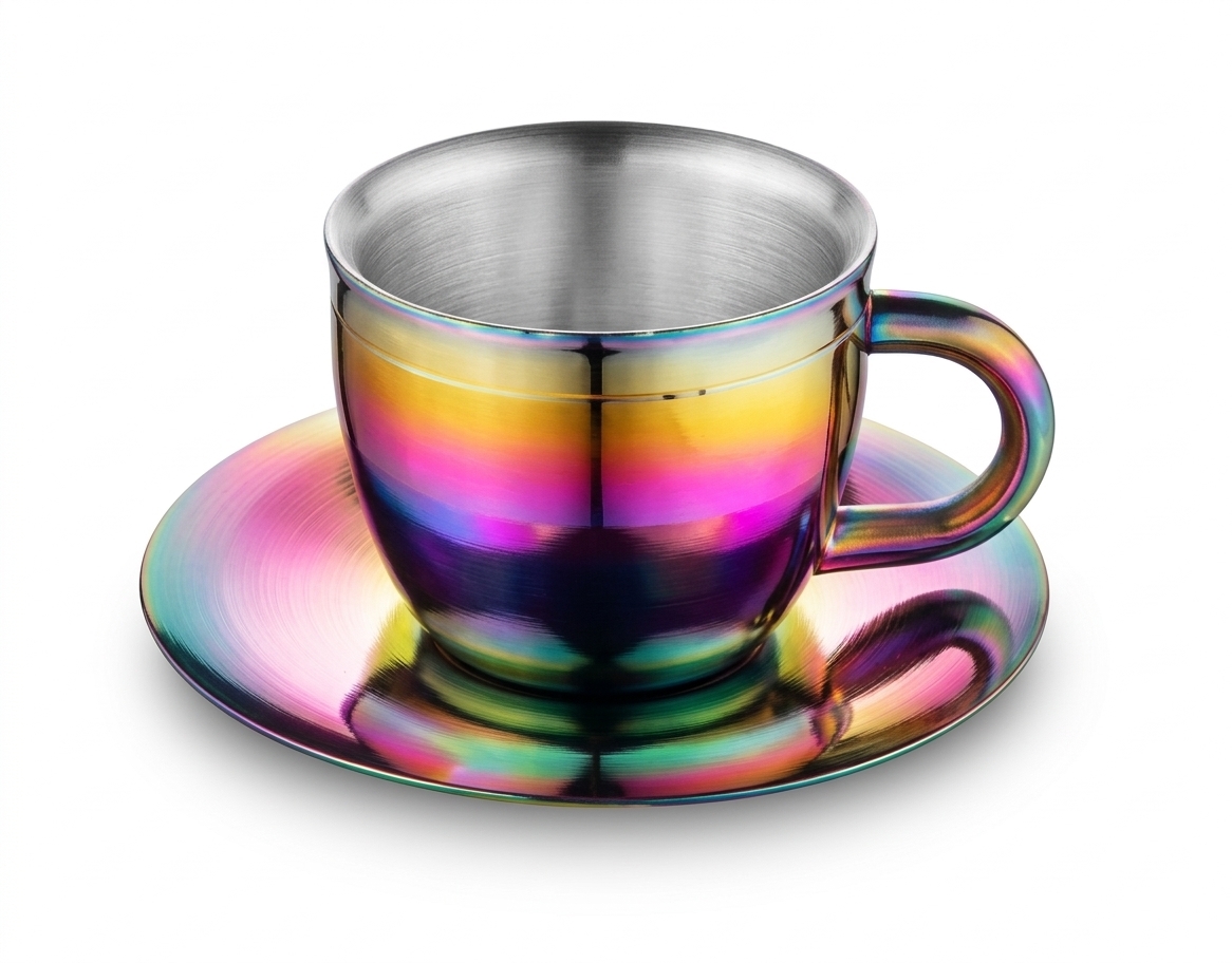 S.S. Double Wall Tea Cup Saucer Round Handle PVD Coating