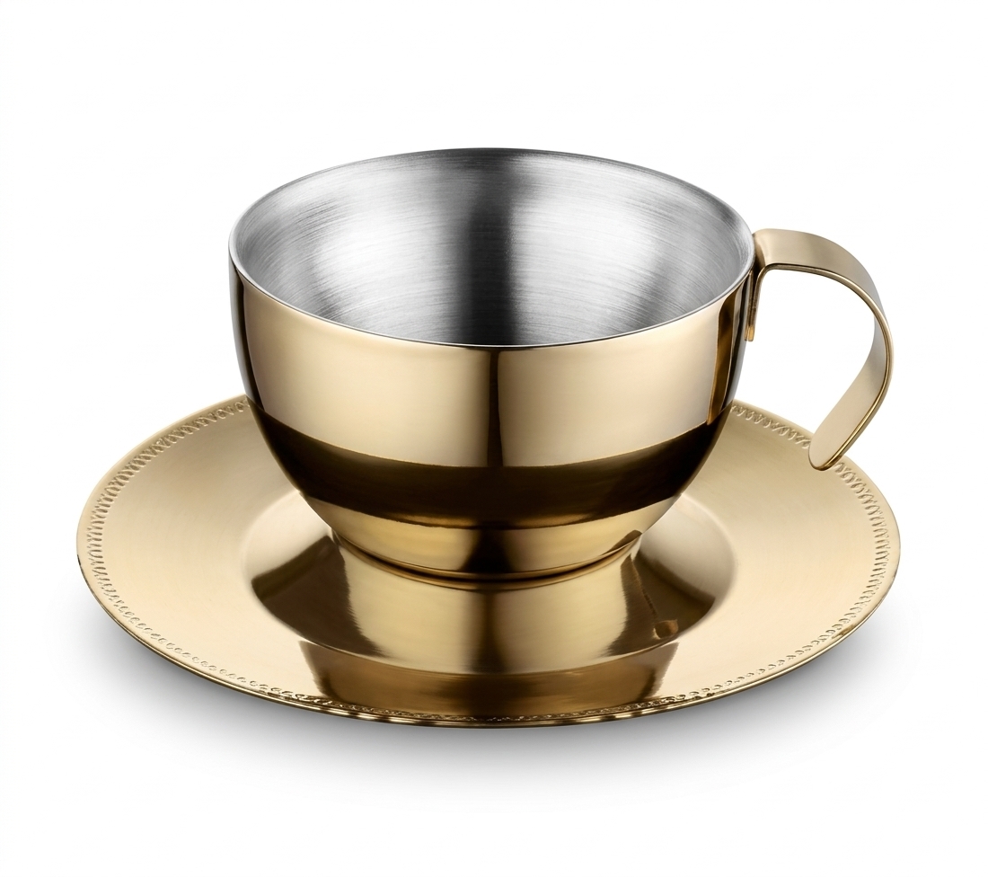 S.S Double Wall Tea Cup Saucer Gold Coating